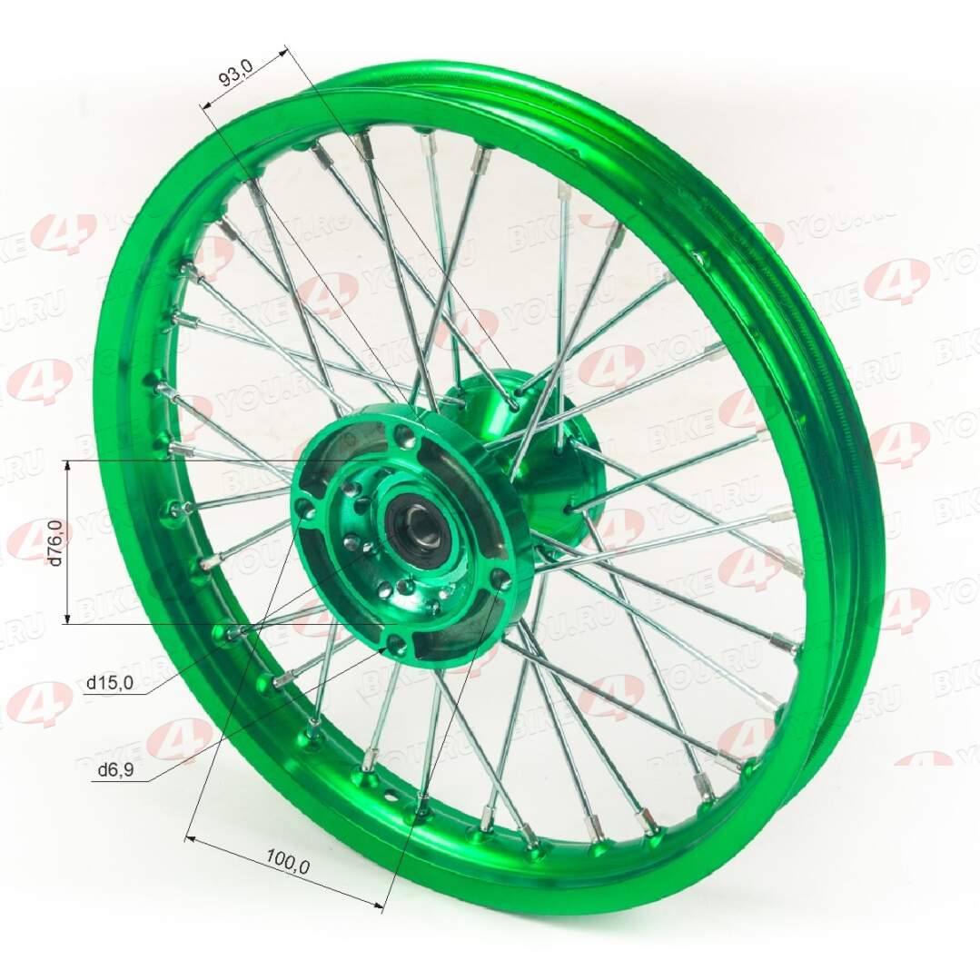 Обод передний 14" (1,40-R14 d=15mm) CNC ступица, алюминий/зеленый X-TECH