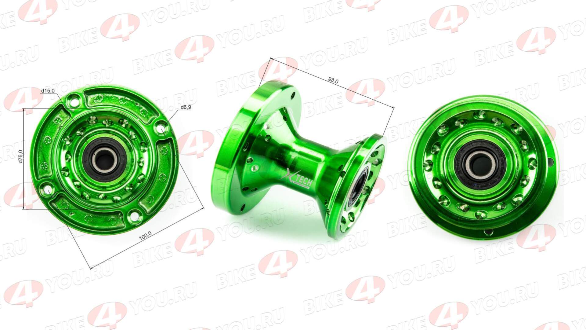 Ступица передняя CNC (R12"/14"/17" d=15mm) X-Tech, зеленая 100x76x4 M6.9