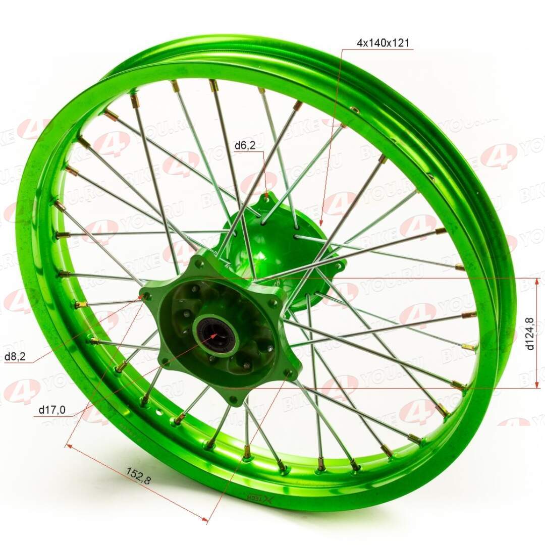 Обод задний 19" (2,15-R19 d=17mm) CNC ступица, алюминий/зеленый X-TECH