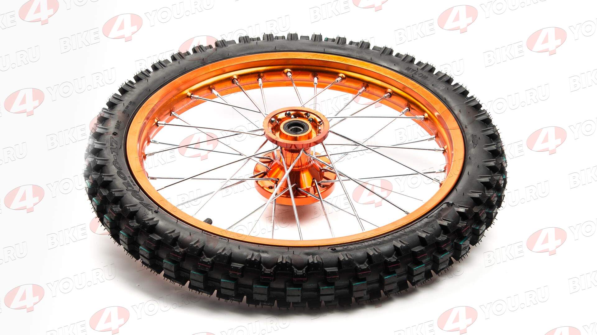 Обод передний 17" (1,60-R17 d=15mm) 70/100-17" CNC ступица с резиной, алюминий/оранжевый