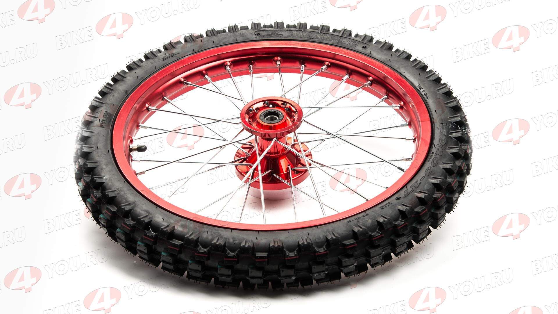 Обод передний 17" (1,60-R17 d=15mm) 70/100-17" (4x99,5x76) CNC ступица с резиной, алюминий/красный
