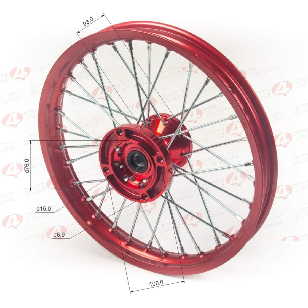 Обод передний 14" (1,40-R14 d=15mm) CNC ступица, алюминий/красный X-TECH