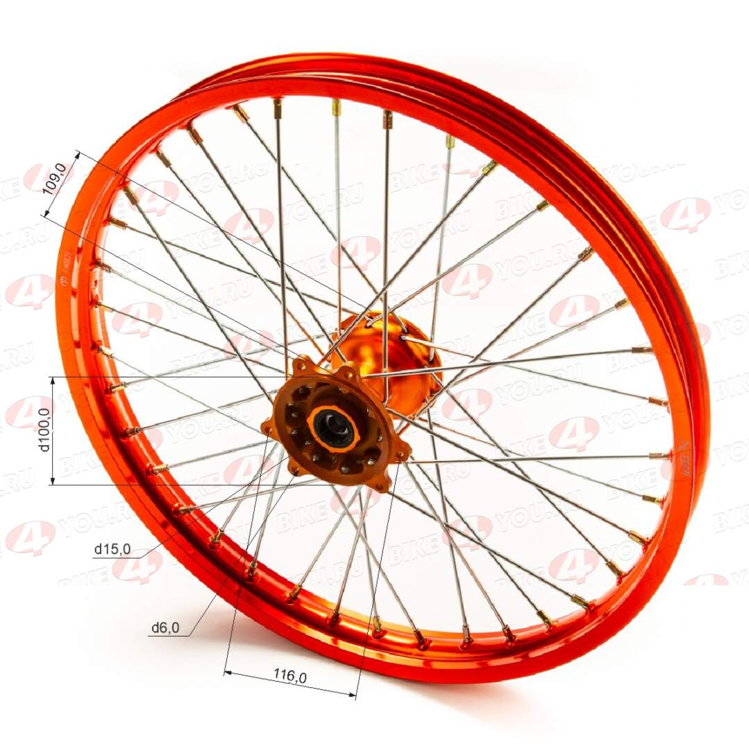 Обод передний 21" (1,60-R21 d=15mm) CNC ступица, алюминий/оранжевый X-TECH (6x116x100)