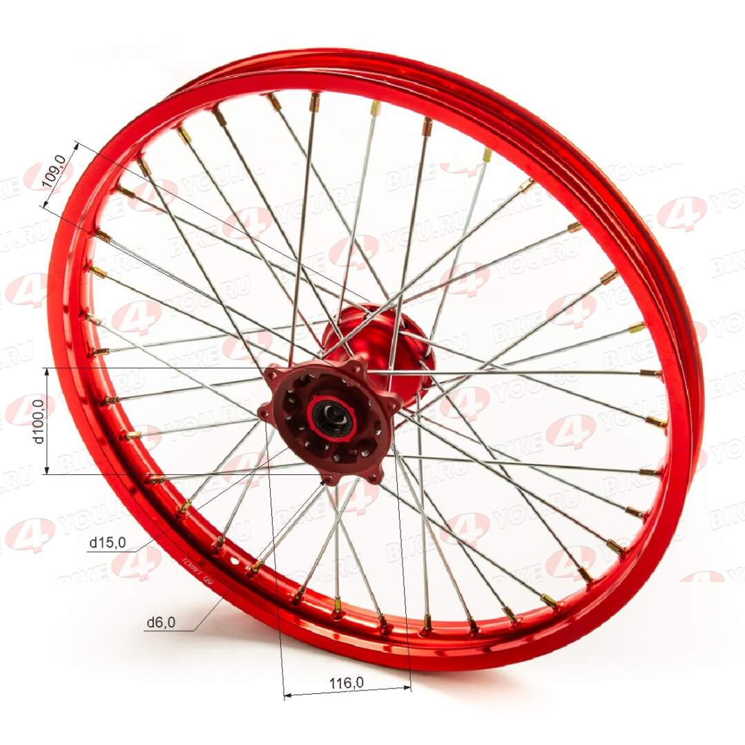 Обод передний 21" (1,60-R21 d=15mm) CNC ступица, алюминий/красный X-TECH (6x116x100)