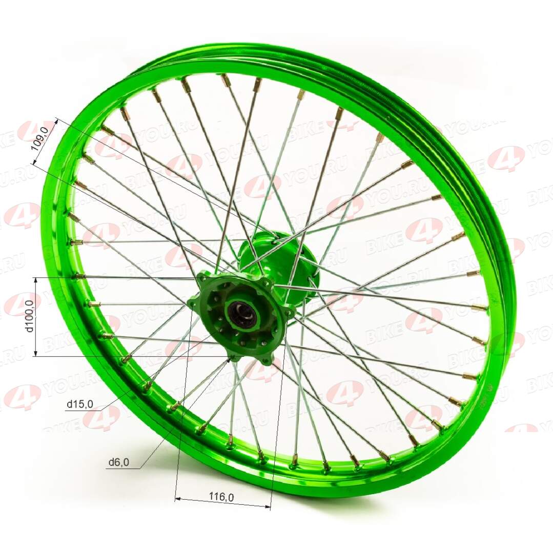 Обод передний 21" (1,60-R21 d=15mm) CNC ступица, алюминий/зеленый X-TECH (6x116x100)