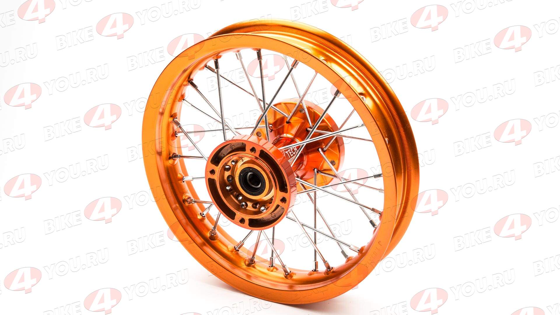 Обод задний 12" (1,85-R12 d=15mm) CNC ступица, алюминий/оранжевый X-TECH (4х100х76/4х92х76 дск/звзд)