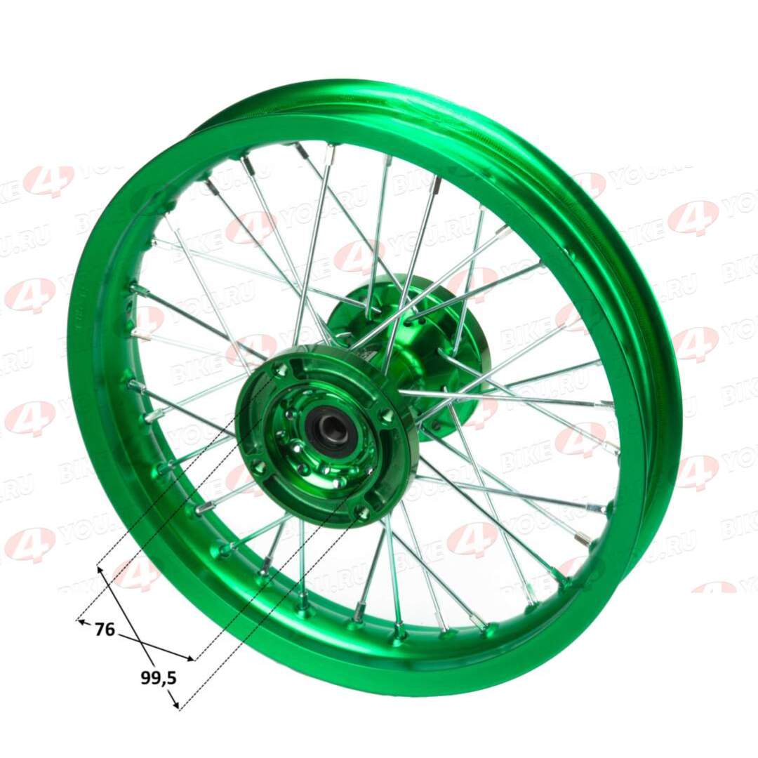 Обод задний 14" (1,85-R14 d=15mm) CNC ступица, алюминий/зелен. X-TECH (4х100х76/4х92х76, диск/звезд)