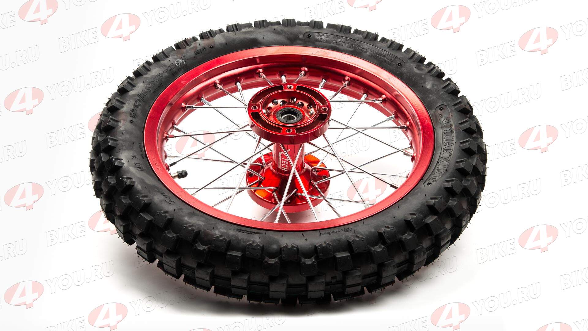 Обод задний 14"  (1,85-R14 d=15mm) 90/100-14" CNC ступица, с резиной, алюминий/красный