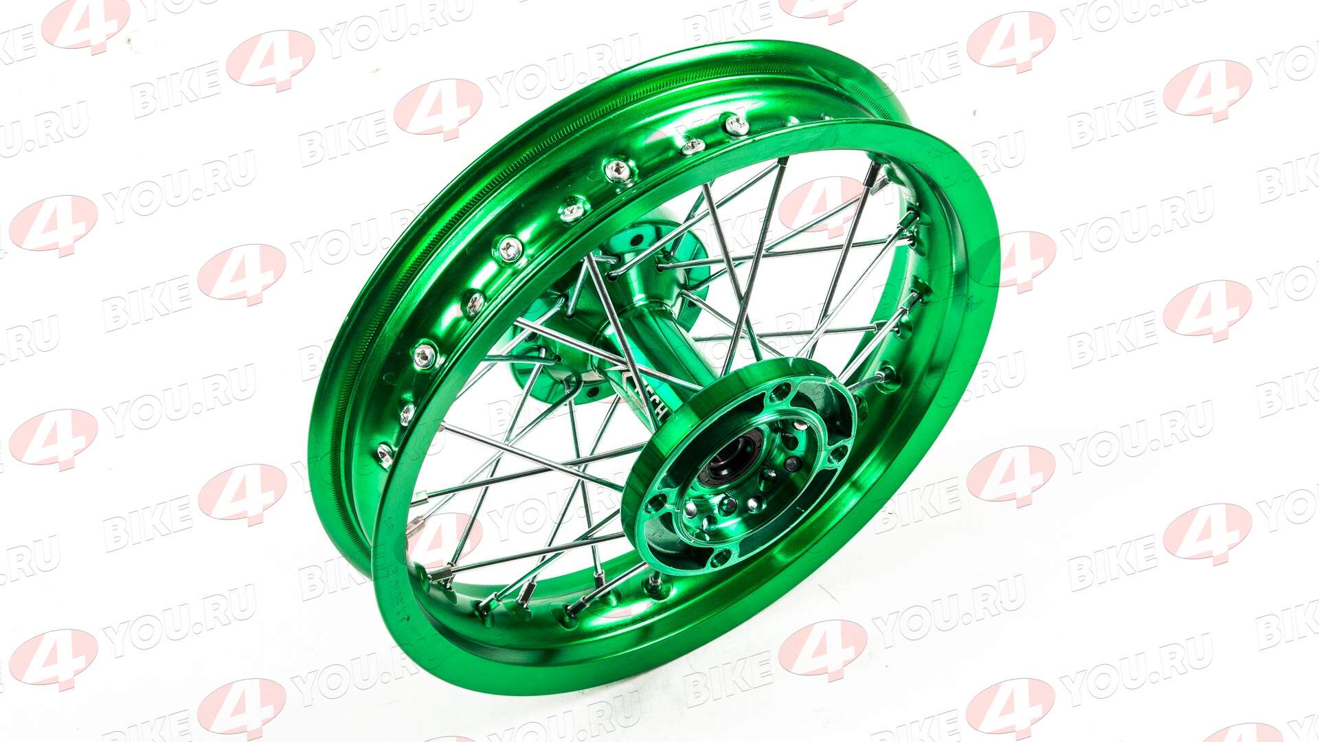 Обод задний 12" (1,85-R12 d=15mm) CNC ступица, алюминий/зеленый X-TECH (4х100х76/4х92х76 дск/звзд)